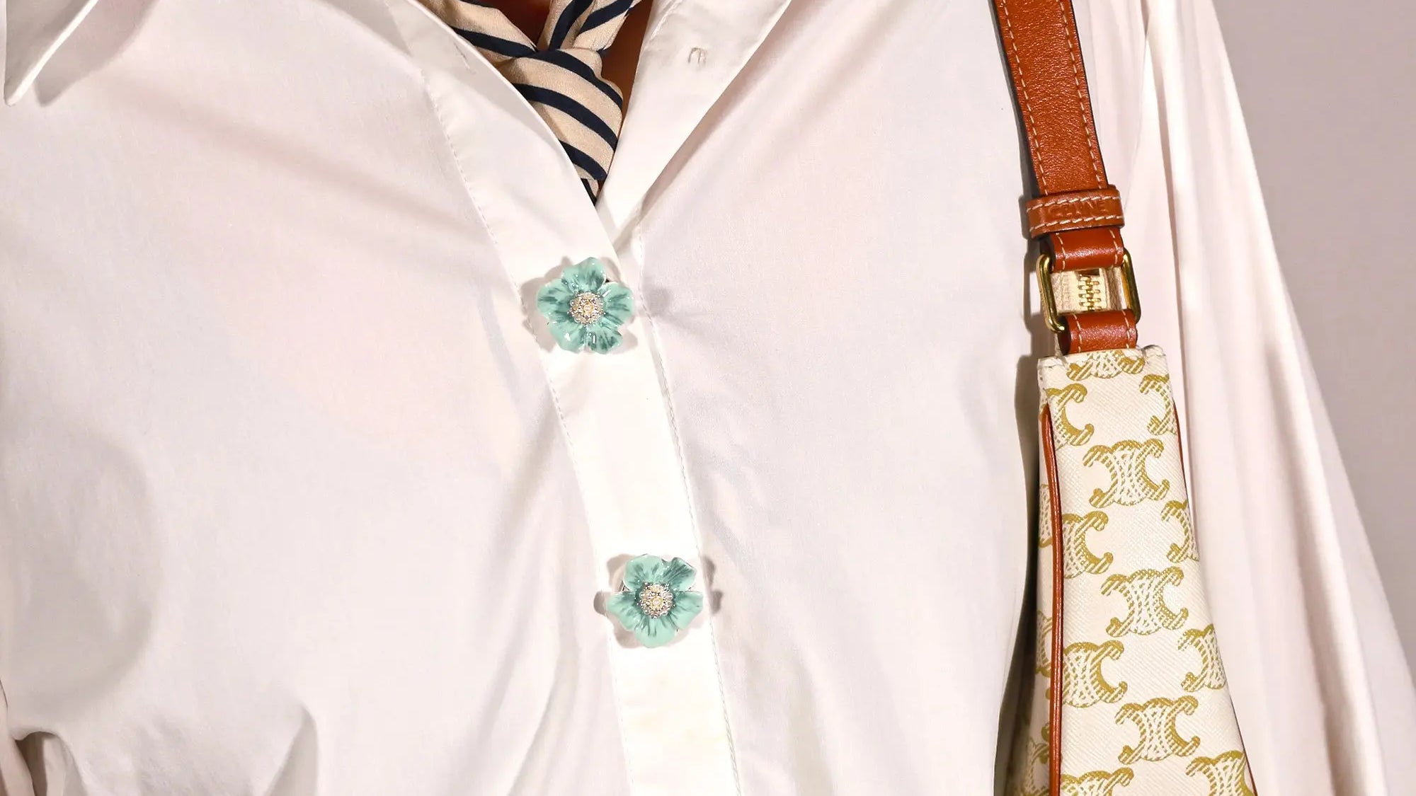 networking event outfit with cerulean dream button covers
