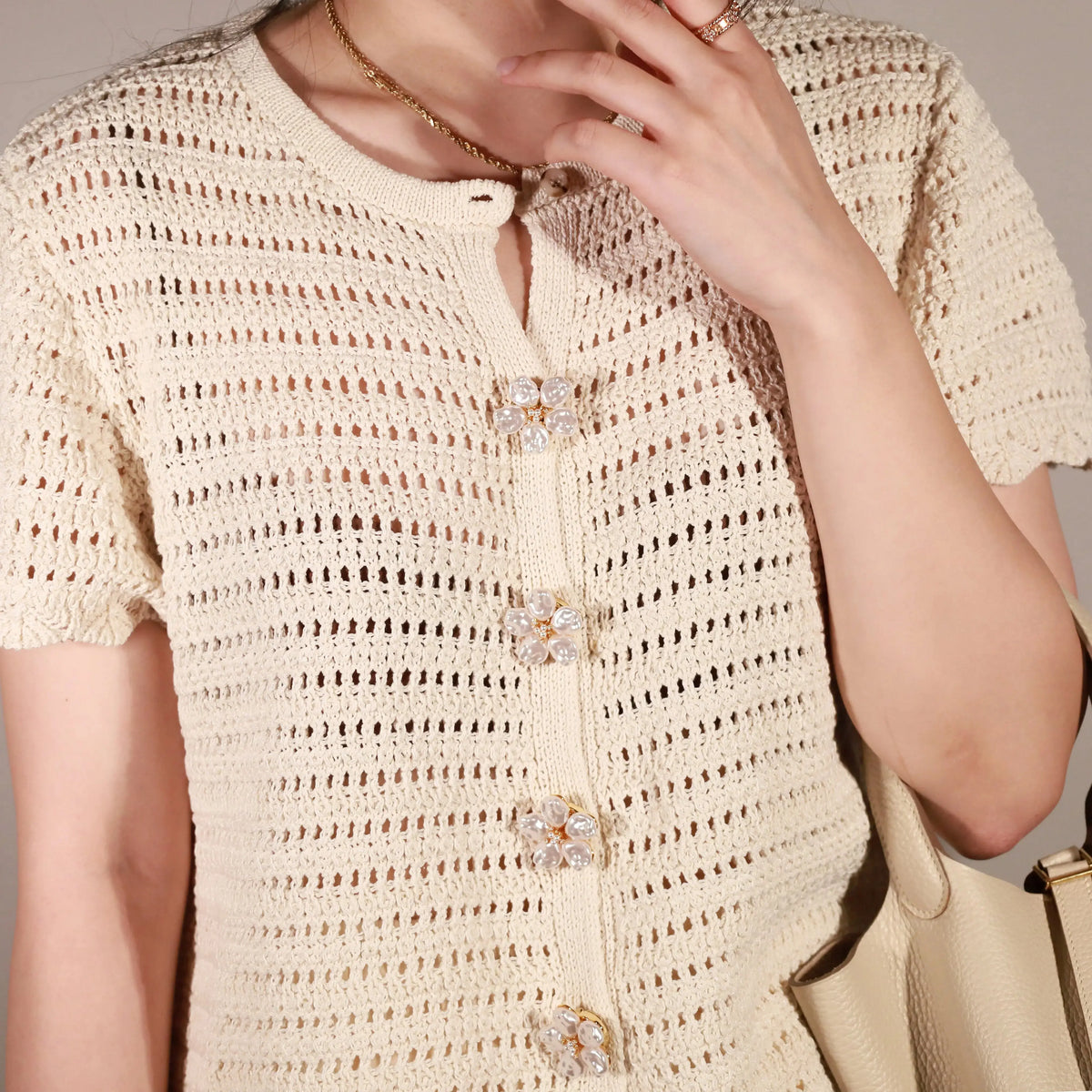 4 Astral Flora Pearl Button Cover on Knit close up