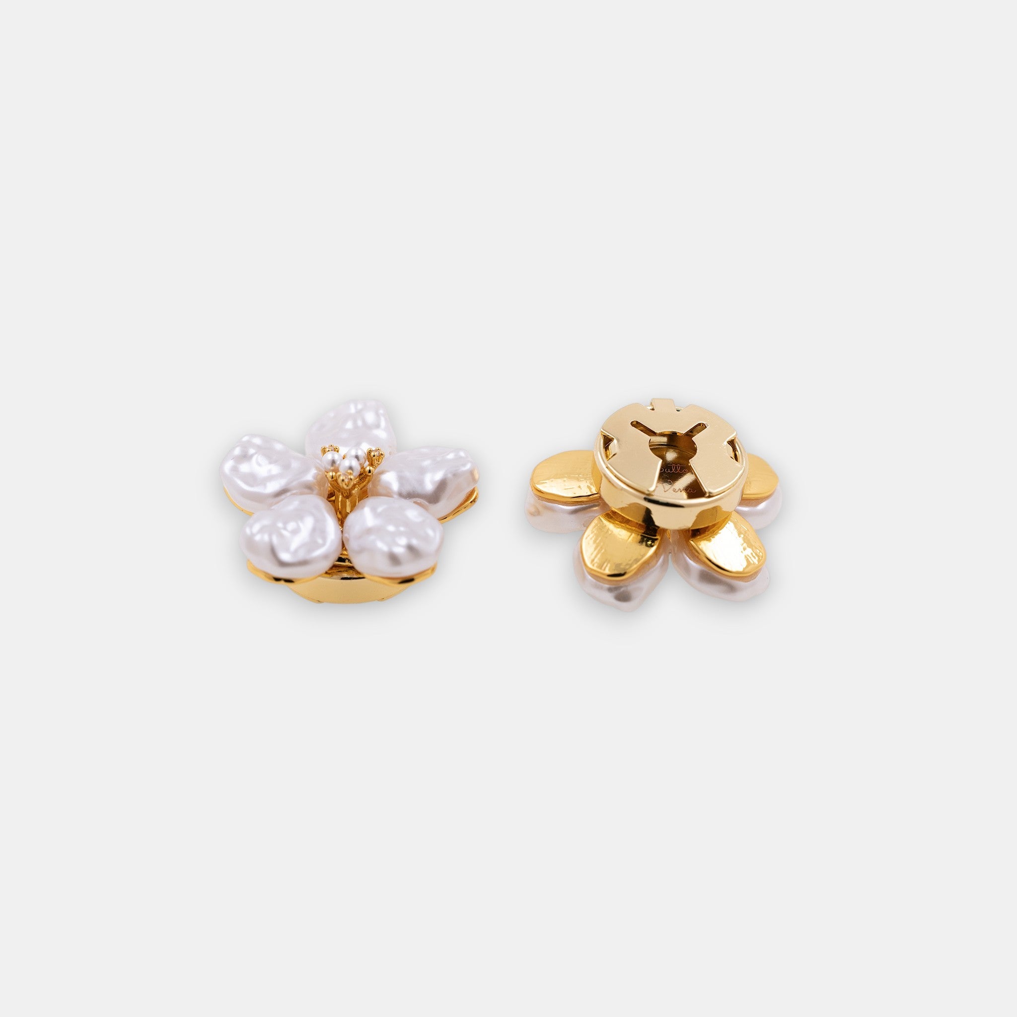 Astral Flora 22K gold-plated flower clip-on button cover side with a pearl cluster center.