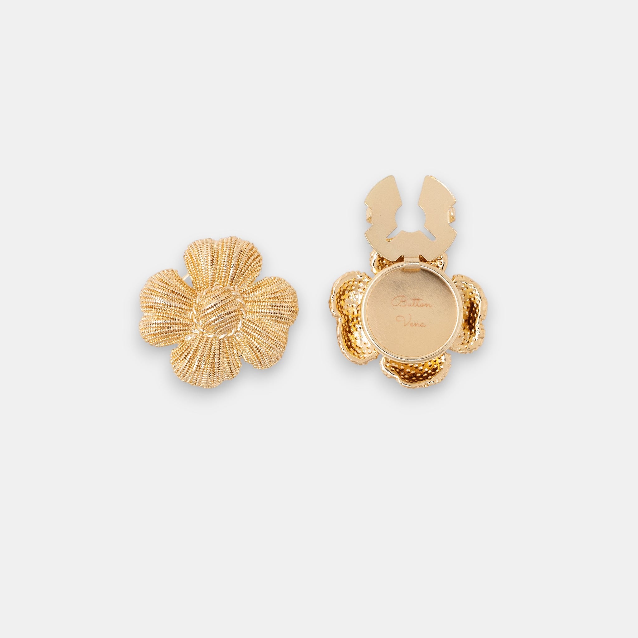 Aurelian Petals 18K gold-plated architectural clip-on button cover with deep-etched relief front