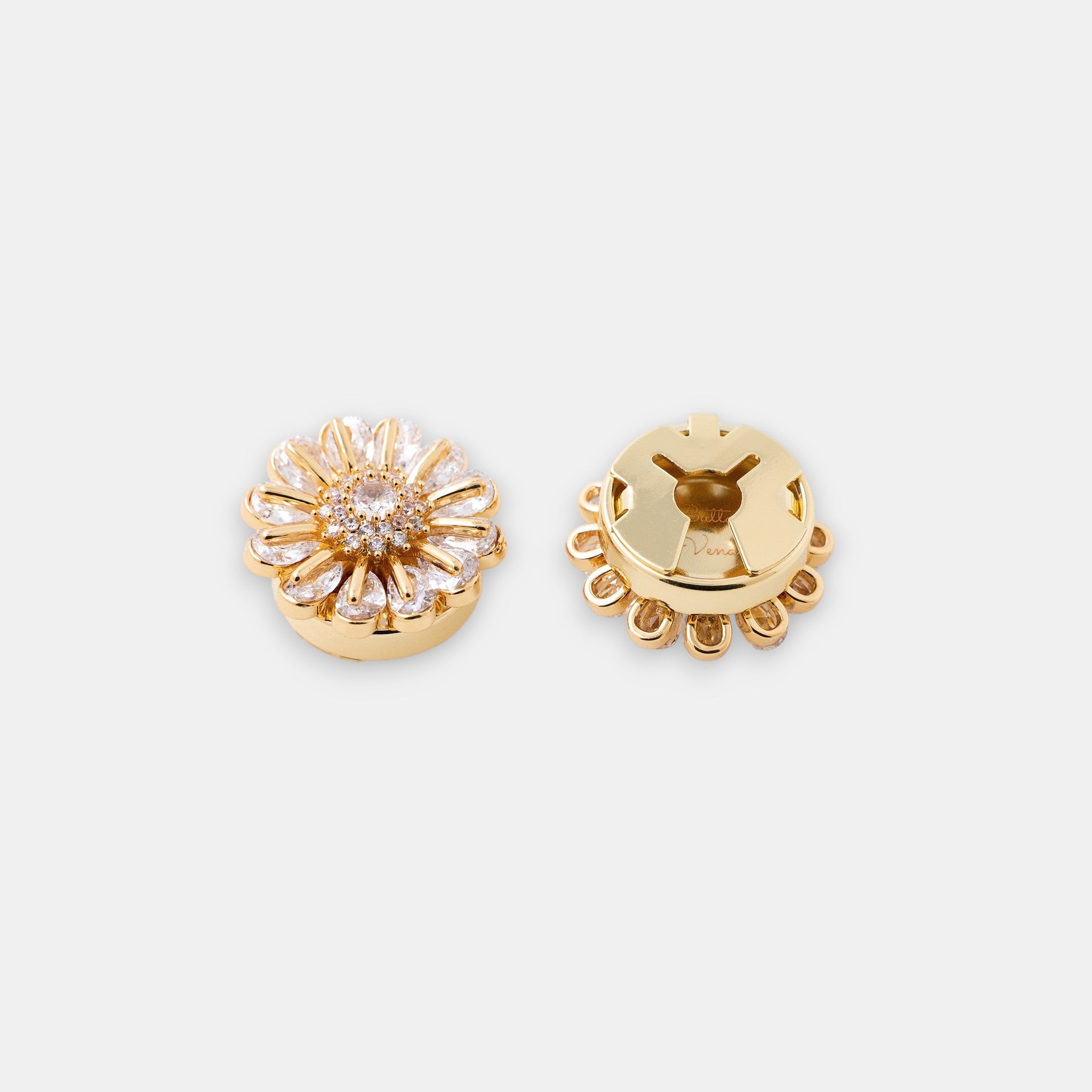 Bellis gold daisy clip-on button cover with hand-set cubic zirconia side