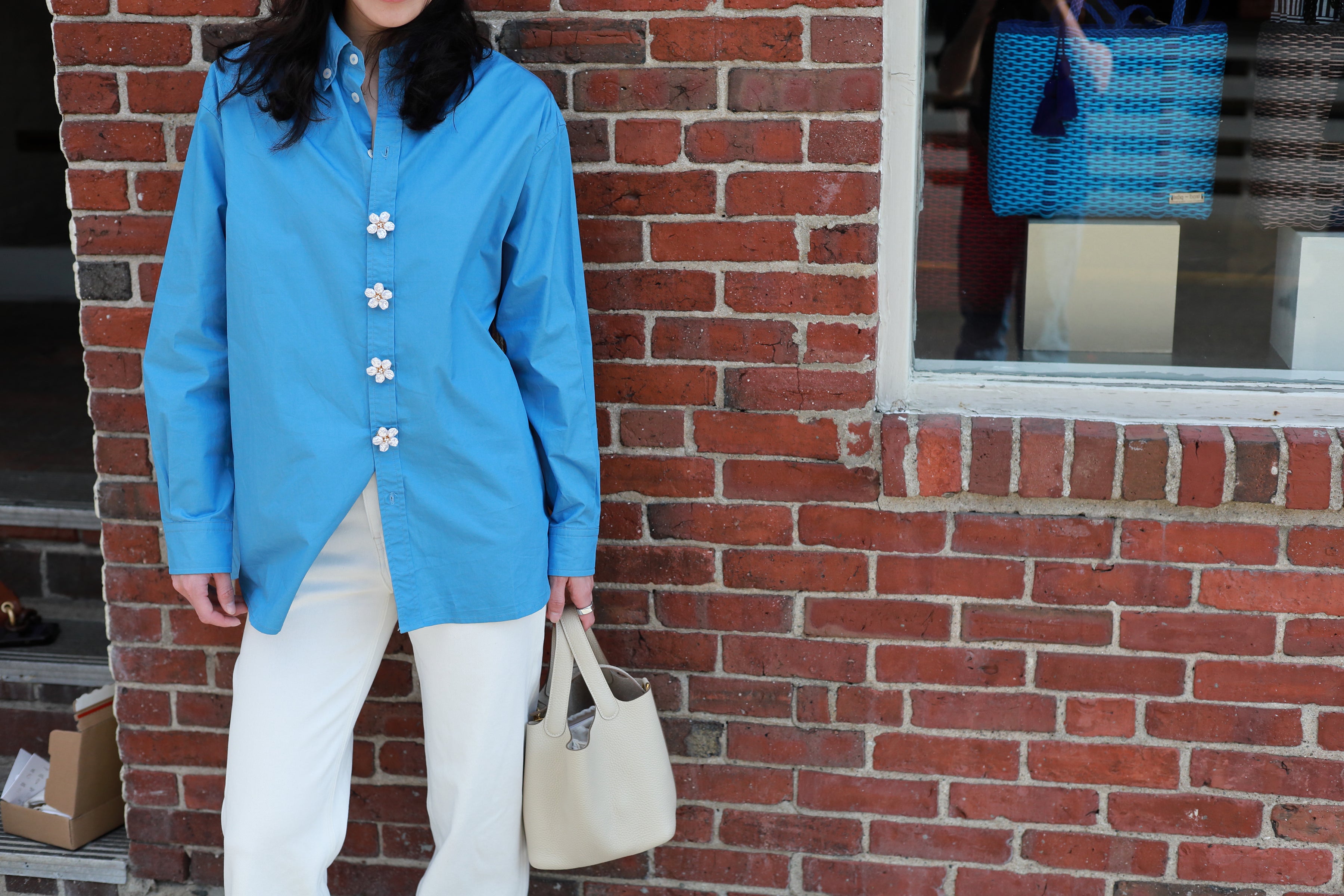 Blue Shirt With Astral Flora Pearl Button Covers