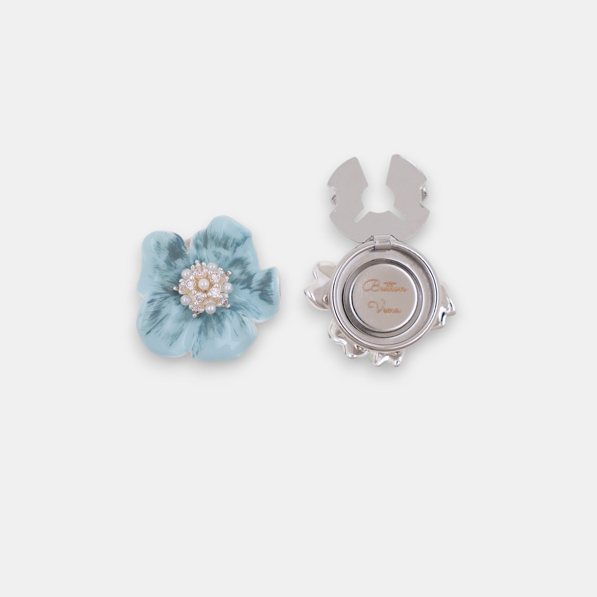 Cerulean Dream blue flower clip-on button cover with hand-painted enamel and silver plating front.