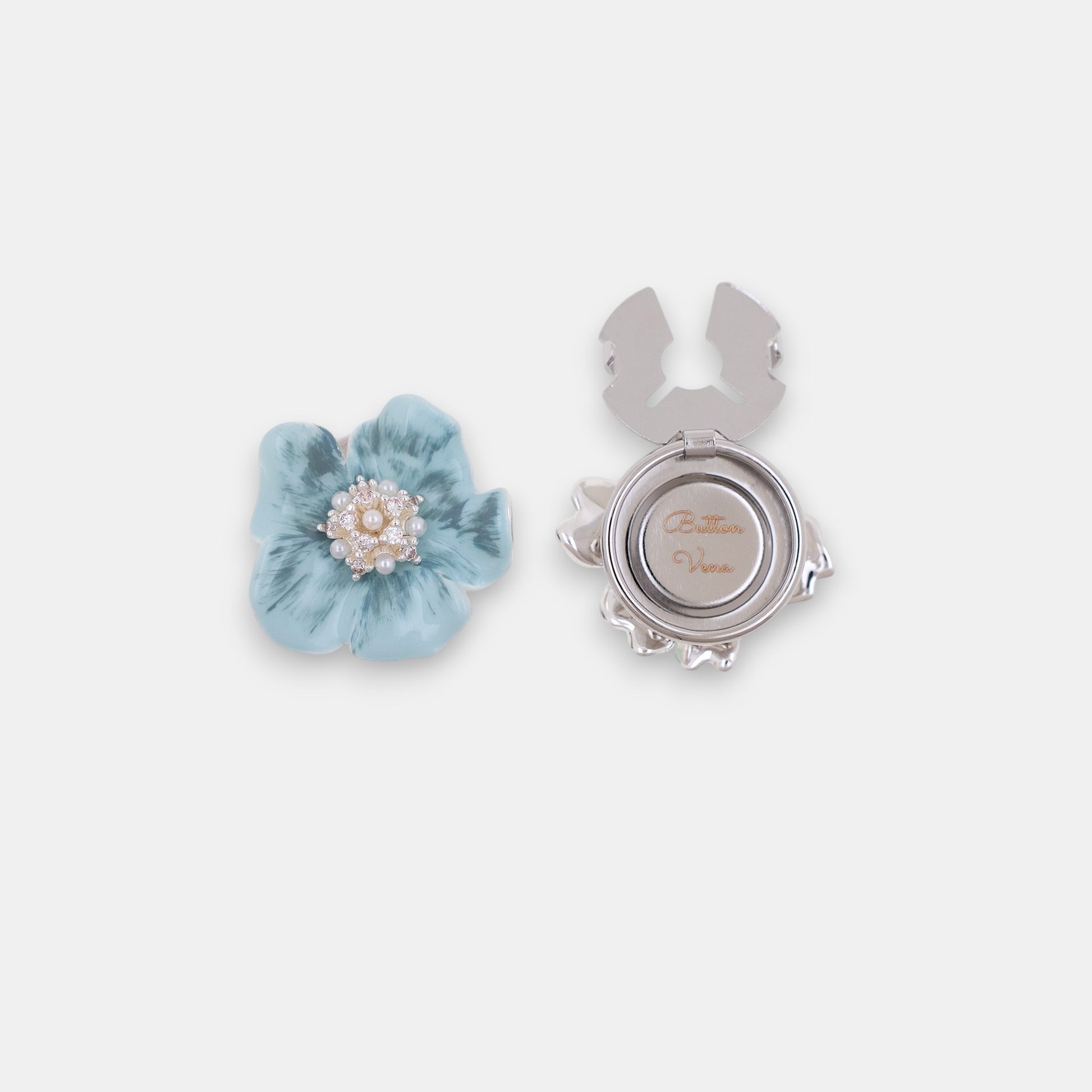 Cerulean Dream blue flower clip-on button cover with hand-painted enamel and silver plating front.