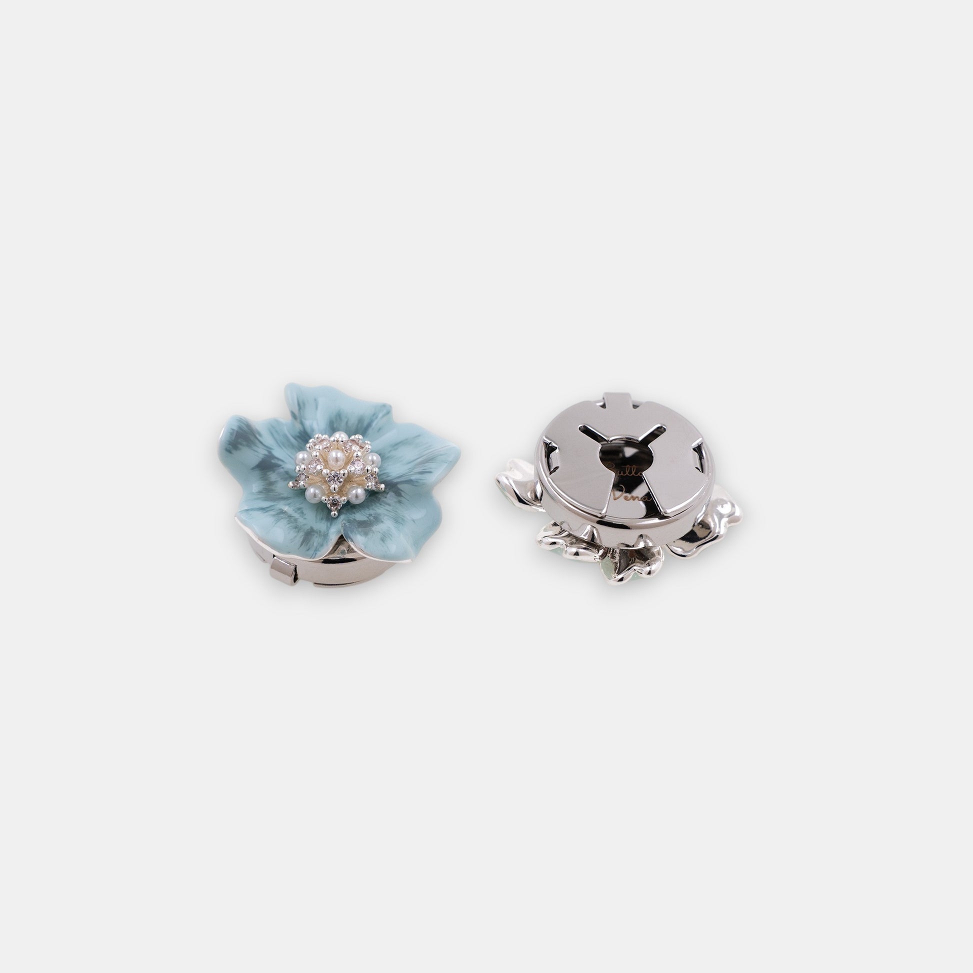 Cerulean Dream blue flower clip-on button cover with hand-painted enamel and silver plating side.