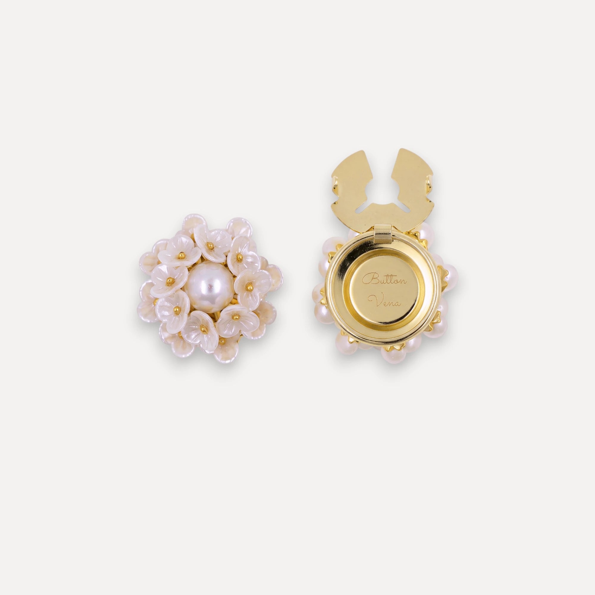 Cloud Bouquet 14K gold-plated ivory flower clip-on button cover with a pearl center