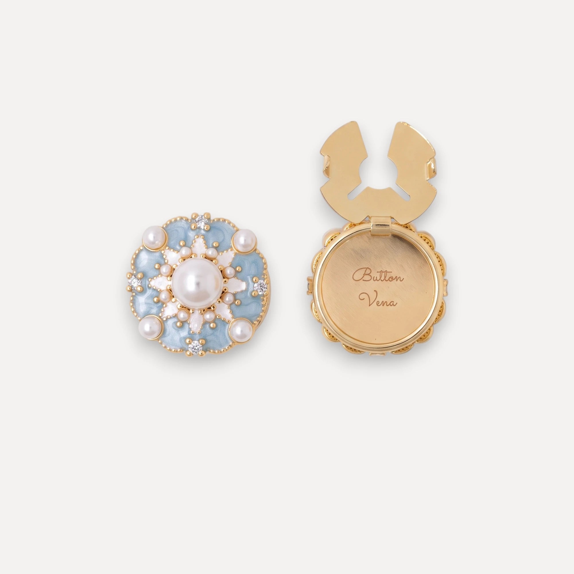 Macaron_d_Azure_18K_gold-plated_blue_enamel_clip-on_button_cover_front