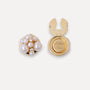 A pair of Pearl Constellation 18K gold-plated clip-on button cover displayed side-by-side on a light gray background. The left pin features a cluster of white faux pearls and two small clear zirconia.
