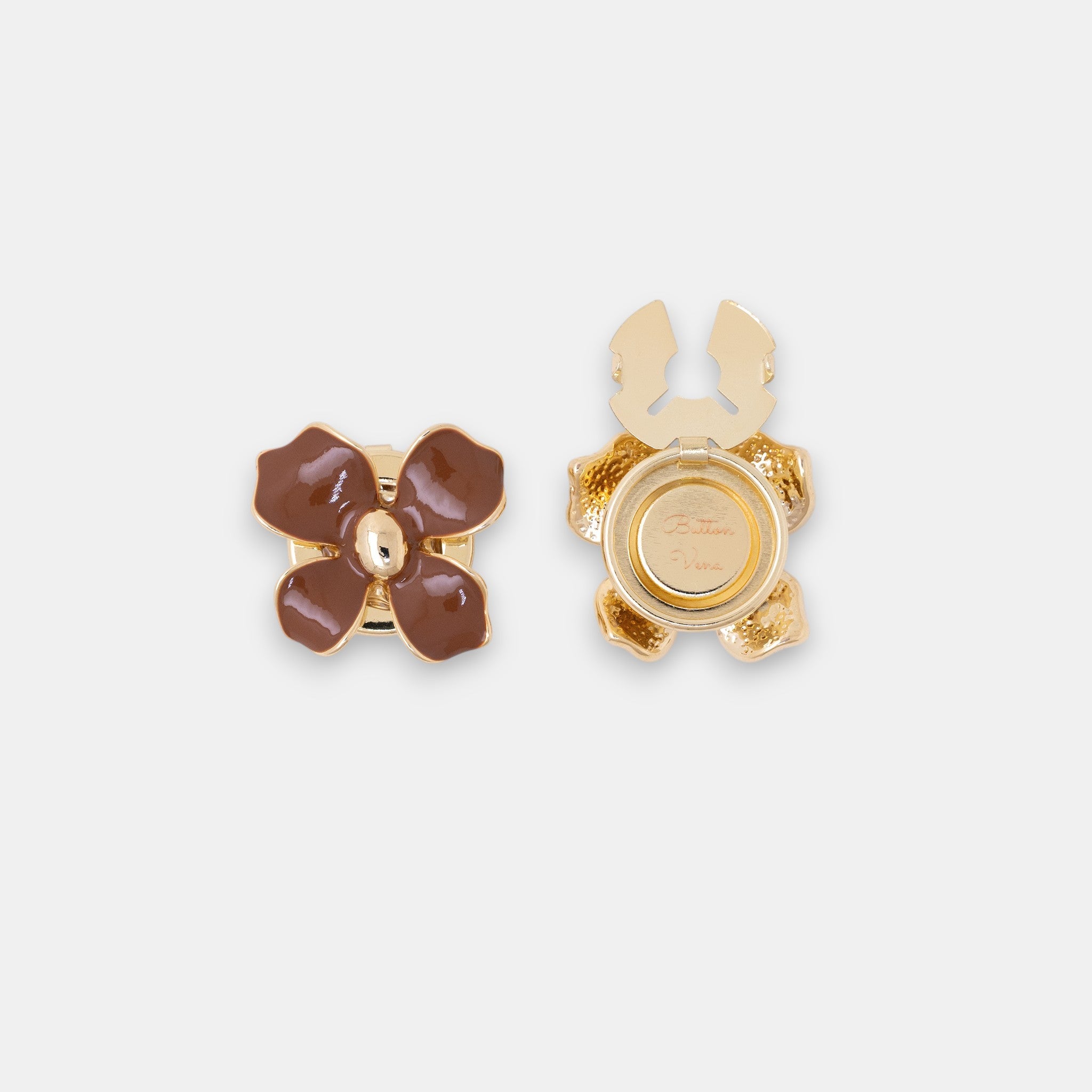 Retro Dahlia clip-on button covers in espresso enamel and 14K gold plating front.
