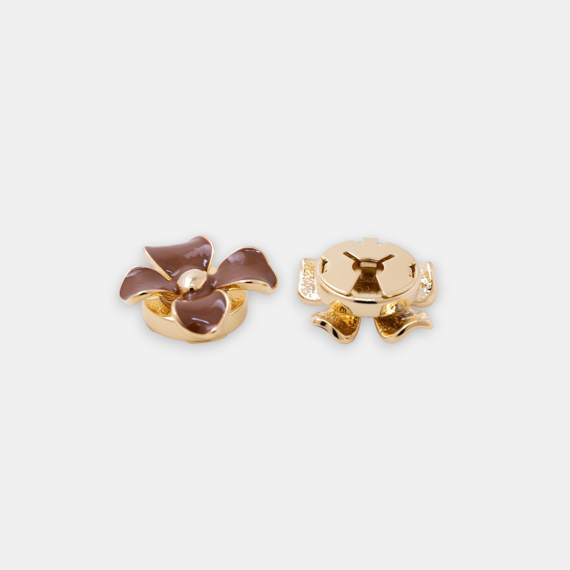 Retro Dahlia clip-on button covers in espresso enamel and 14K gold plating side.