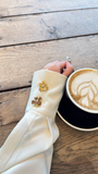 Retro Dahlia clip-on button covers on sleeve