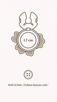 Measurement chart showing a button size of 1.7 cm with a button icon below on a beige background.
