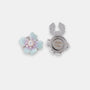 The Iris floral clip-on button cover with hand-painted teal and violet enamel and a brilliant zirconia center