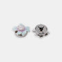 The Iris floral clip-on button cover with hand-painted teal and violet enamel and a brilliant zirconia center side