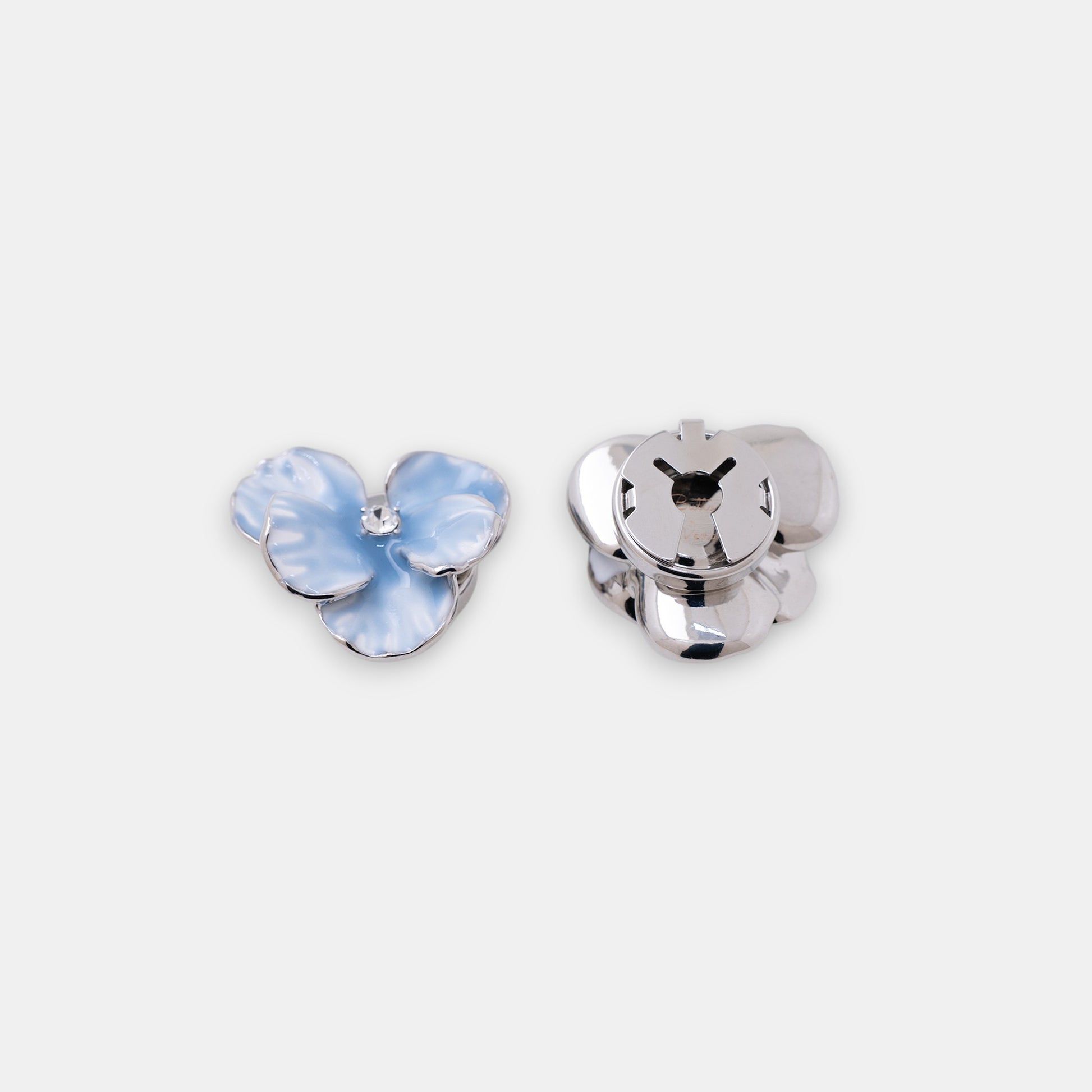 The Morning Mist cerulean blue flower clip-on button cover with hand-enameled petal side