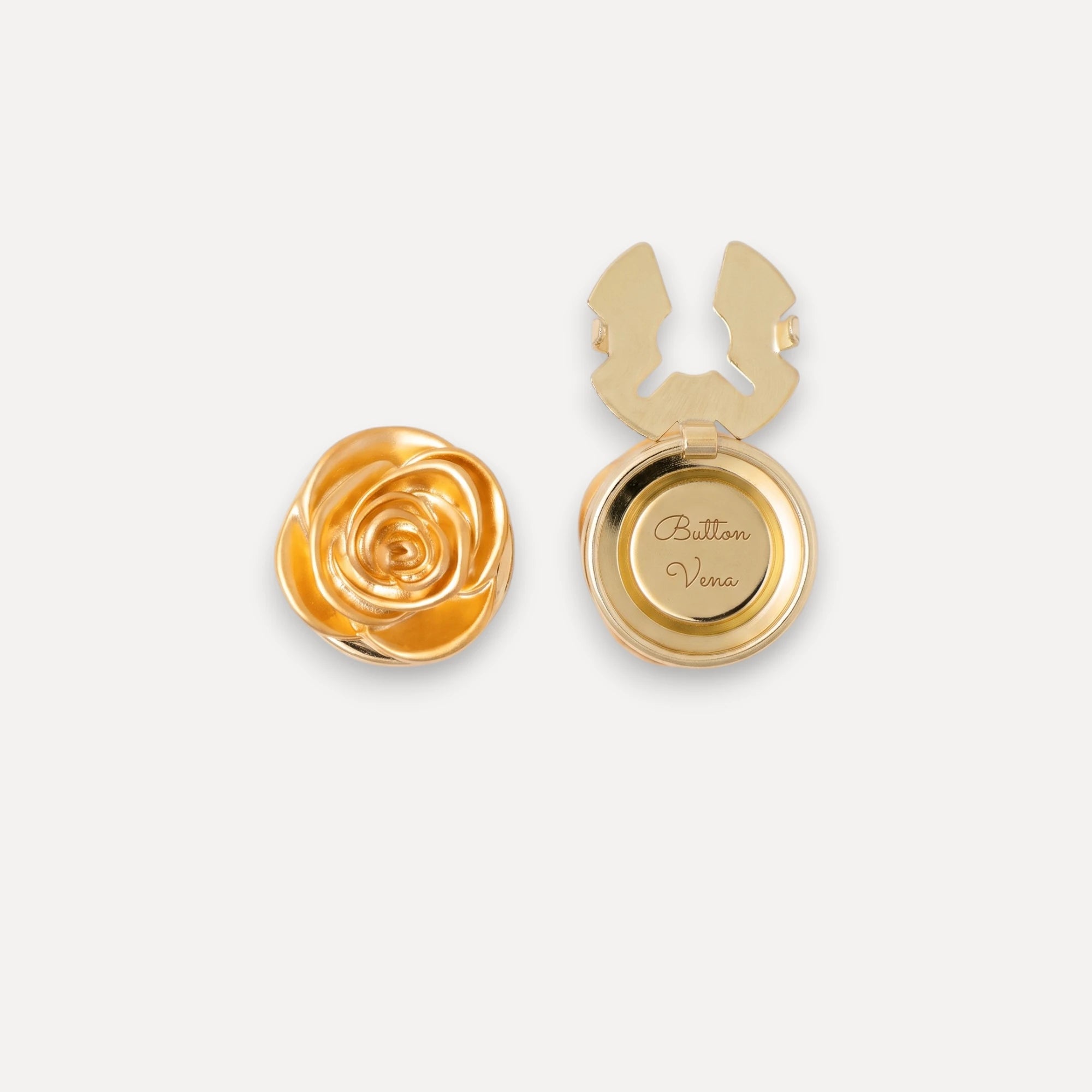 Versailles Rose 14K gold-plated floral clip-on button covershown in two views on a light gray background: a rose-shaped piece on the left and an open circular clasp with the brand name 'Button Vena' engraved on the inside, on the right.