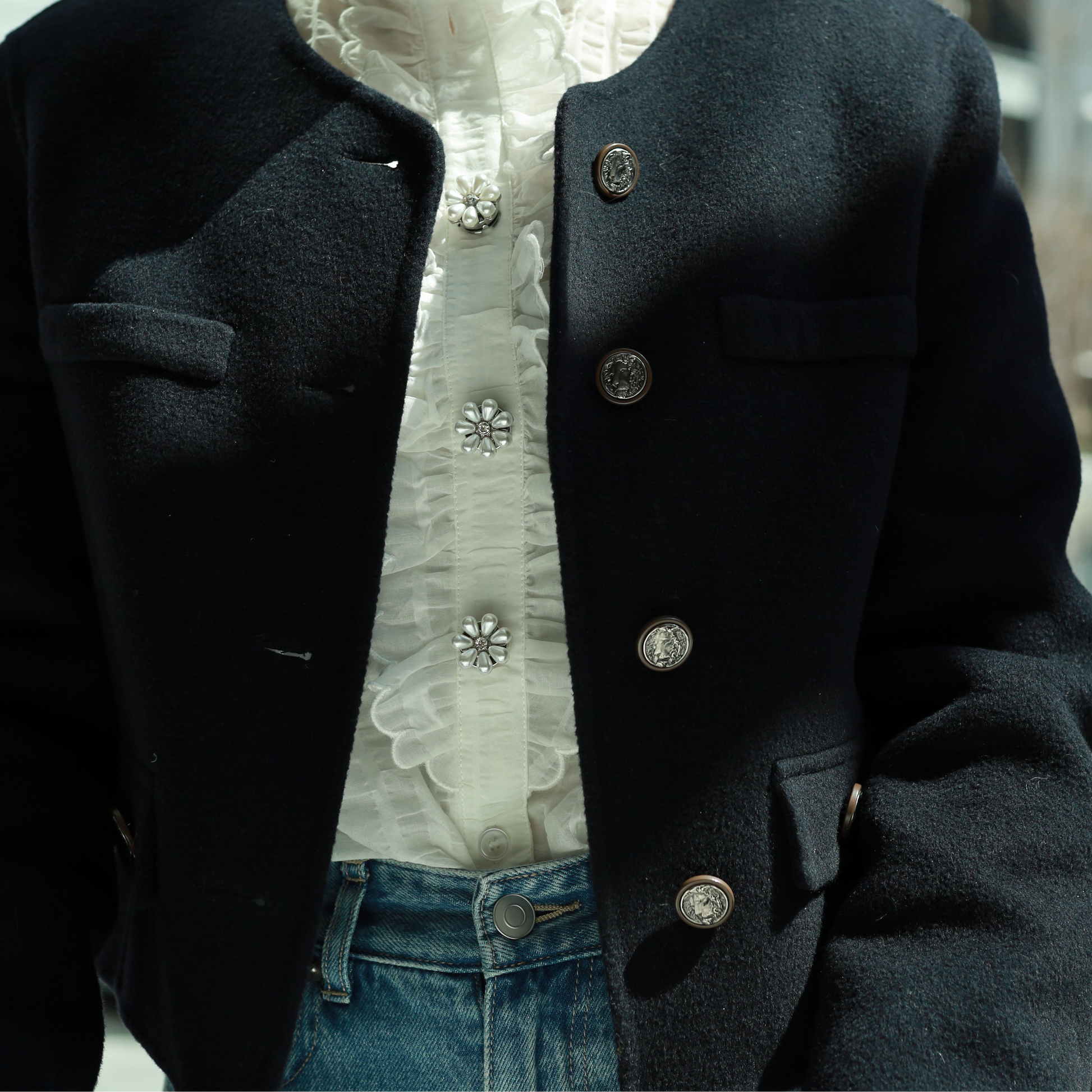 maya silver button cover on shirt