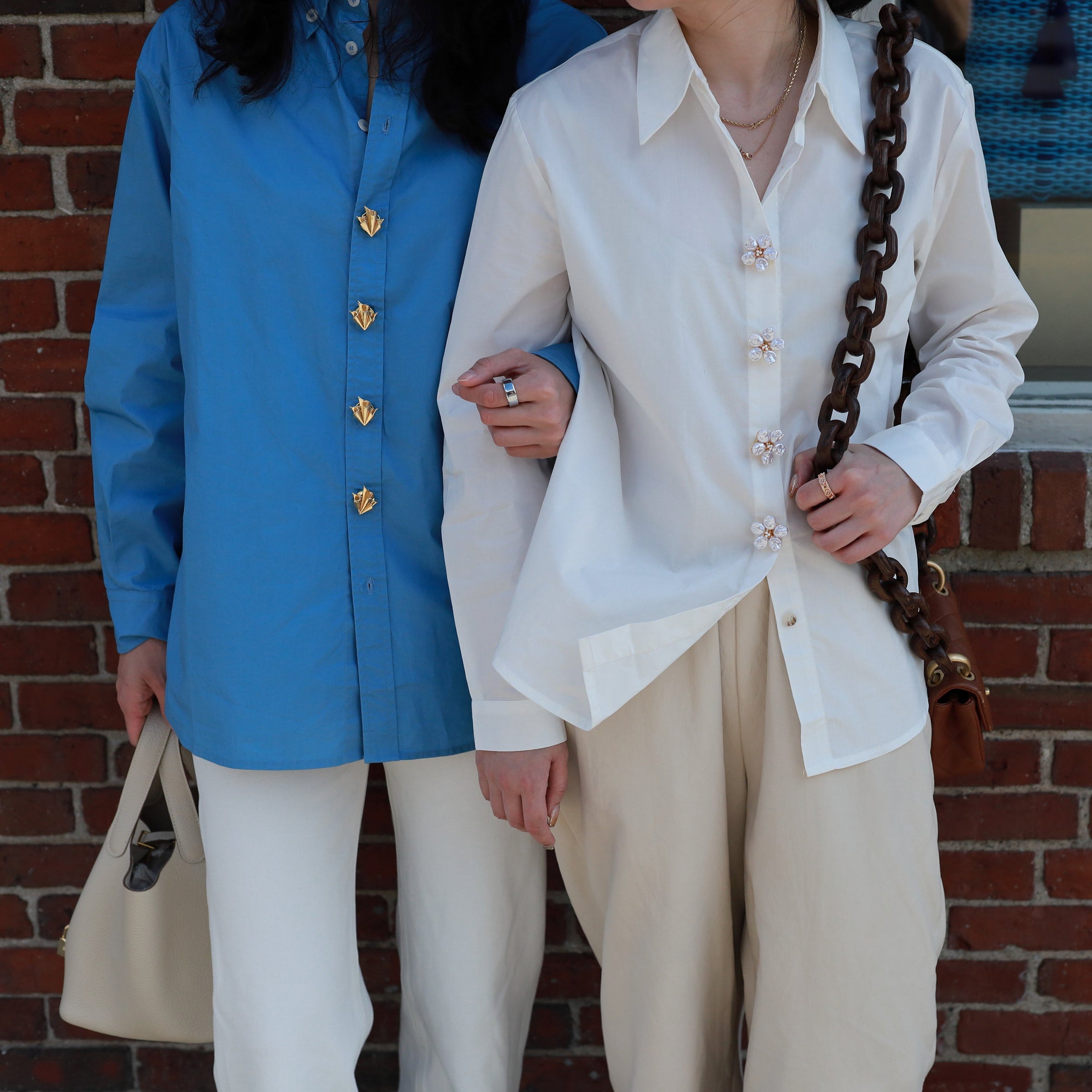two models showcase foulard button cover and astral flora button cover